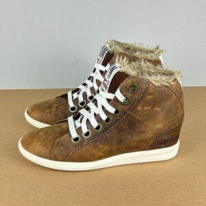 Superdry Leather Wedge Sneakers Womens 7 Brown Faux Fur Lined Lace Up